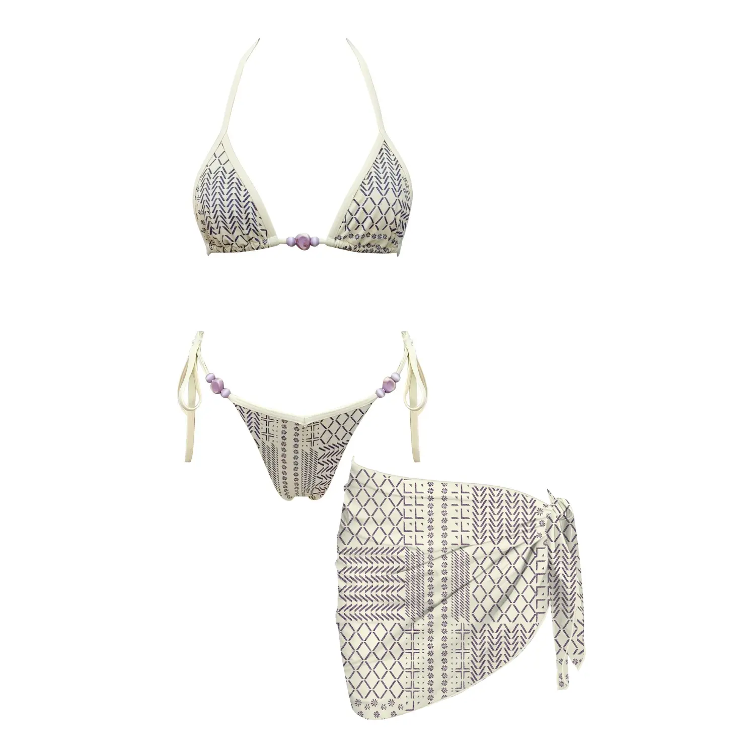 Ivory & Purple Geo Print Beaded Triangle Bikini & Sarong Set