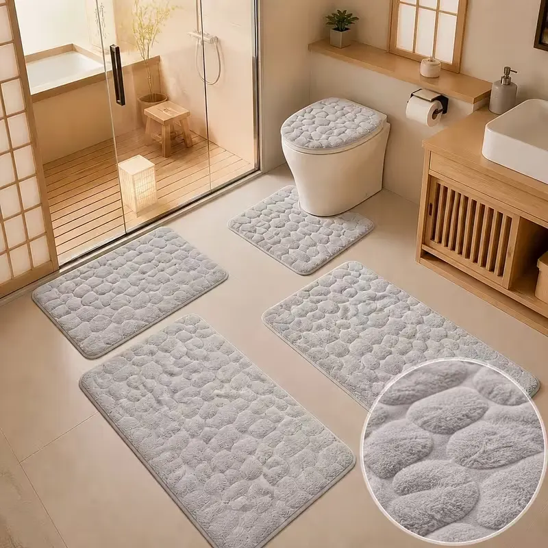 5pcs Geometric Non-Slip Bath Mats - Highly Absorbent, Ultra-Soft Washable Bathroom Rugs with Foot Memory Foam for Bathtub, Shower - Home Bathroom Accessories Decor (5 Pieces Nonslip Bathtub Mat) Bathroom Rugs Set Toilet Rug