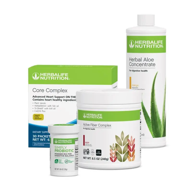Herbalife Digestive & Daily Wellness Support Set with Herbal Aloe Concentrate Mango Pint, Active Fiber Complex, Core Complex & Simply Probiotic
