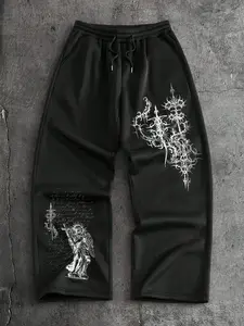 Men's Gothic Angel & Thorn Graphic Wide-Leg Sweatpants | Y2K Streetwear Drawstring Waist Trousers with Silver Ornate Print & Fleece Lining | Soft Cotton Gothic Street Style for Gen Z Guys & Dark Fashion Enthusiasts Gothic Theme