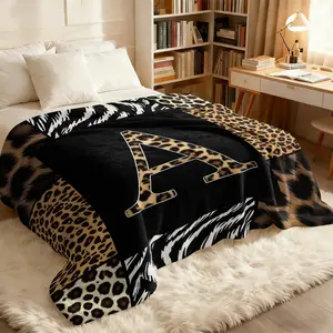Fashion Animal Print Letter A-Z Flannel Blanket, Soft Cozy Blanket, Leopard Zebra Patchwork Print Throw, Luxury Home Decor, Viral Same Style Nap Air Conditioning Throw for Living Room Bedroom Sofa Couch