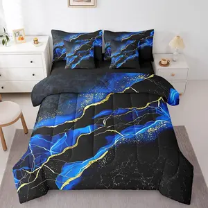 7 Pcs Black Blue Marble Bed Set,Marbling Crack Comforter,Abstract Art Sheet Set,Metallic Shiny Galaxy Fluid Aesthetic Bed in A Bag