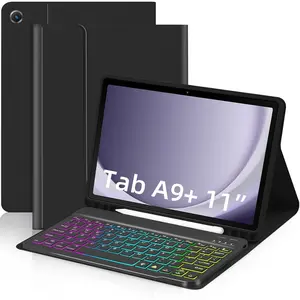 Case with Keyboard for Samsung Galaxy Tab A9 Plus 11 inch (SM-X210/X215/X216/X218),7 Color Rainbow Backlight Detachable USB-C Keyboard Magnetic Case with Pen Slot for Tablet A9+ 5G Black
