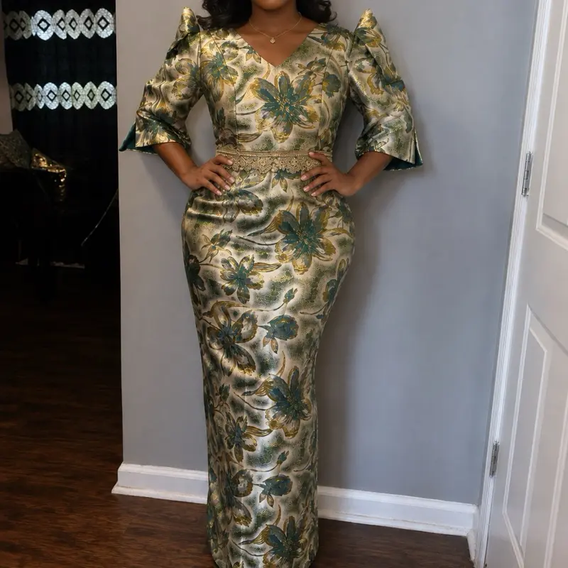 Metallic Floral Brocade African Fitted Gown — Elegant Puff Sleeve Maxi Dress