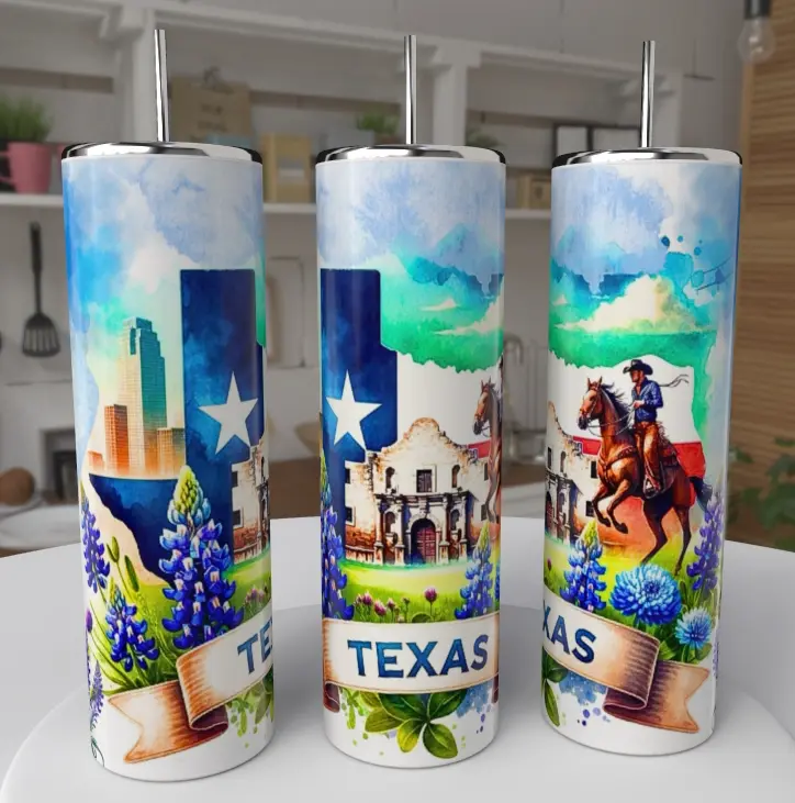 TEXAS 20oz Sublimated Tumbler with Texas Flag Design and Cowboy Artwork - Reusable Drinkware