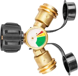 B BRAZIFY Propane Tank Splitter 2 Way with Gauge QCC1 Y Splitter Adapter Solid Brass with Shut Off Valves for Grill Heater Camping