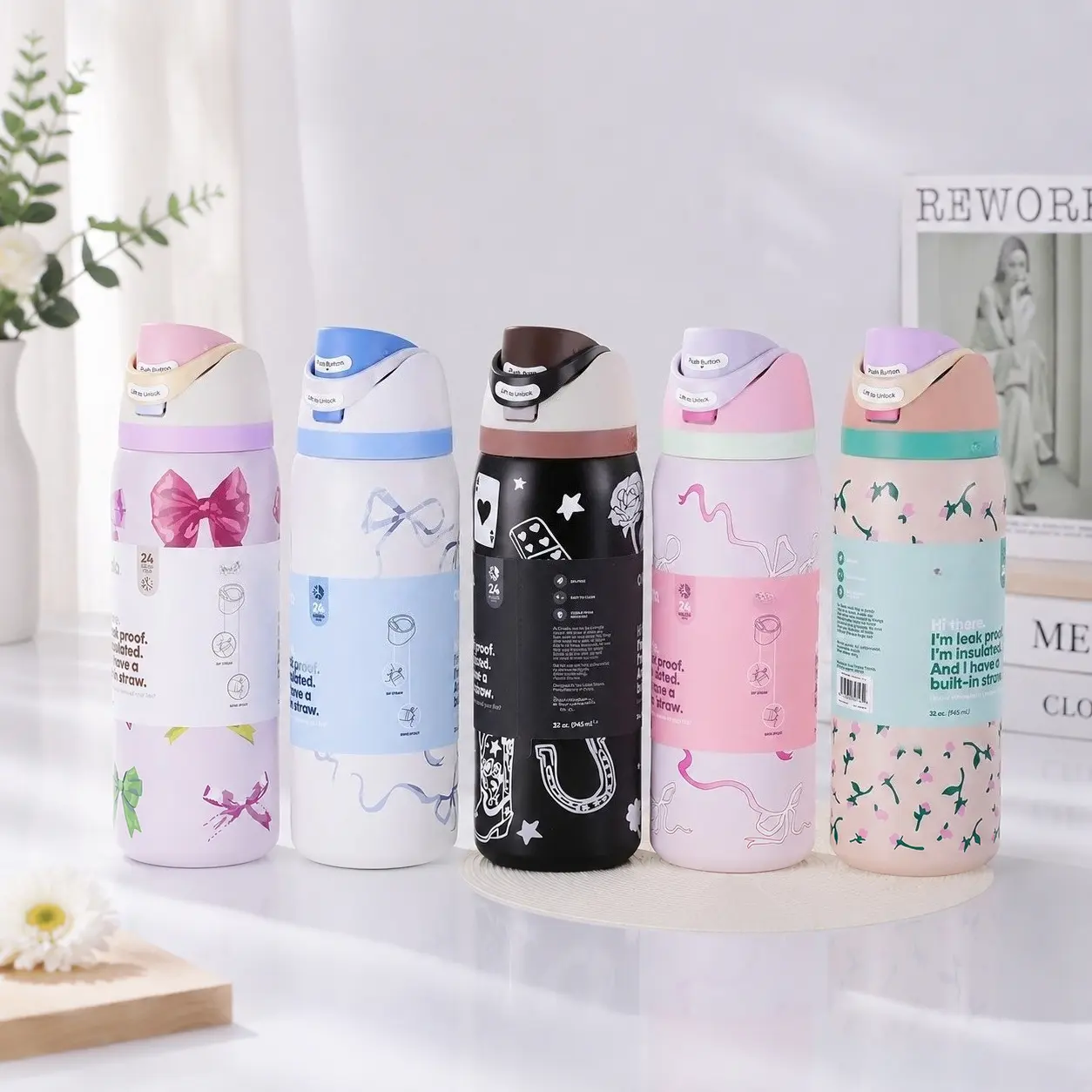 32 oz 0wala FreeSip Insulated Stainless Steel Water Bottle - BPA-Free Leak-Proof with 2-Way Spout, Built-In Straw for Travel, School, Blue /Pink Bow, Good Luck