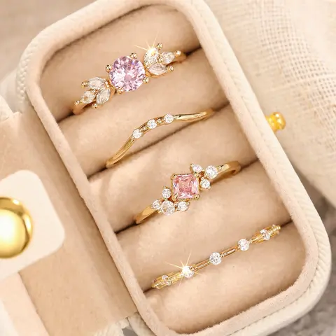 Elegant Zirconia Rings Set for Women, Wedding Engagement Anniversary Party Accessories Gift Box Included, All Seasons Casual Style, Artificial Zircon Rings