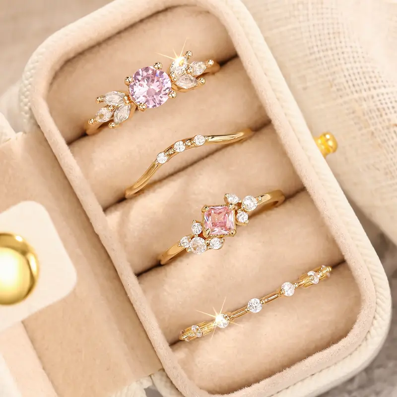 Elegant Zirconia Rings Set for Women, Wedding Engagement Anniversary Party Accessories Gift Box Included, All Seasons Casual Style, Artificial Zircon Rings