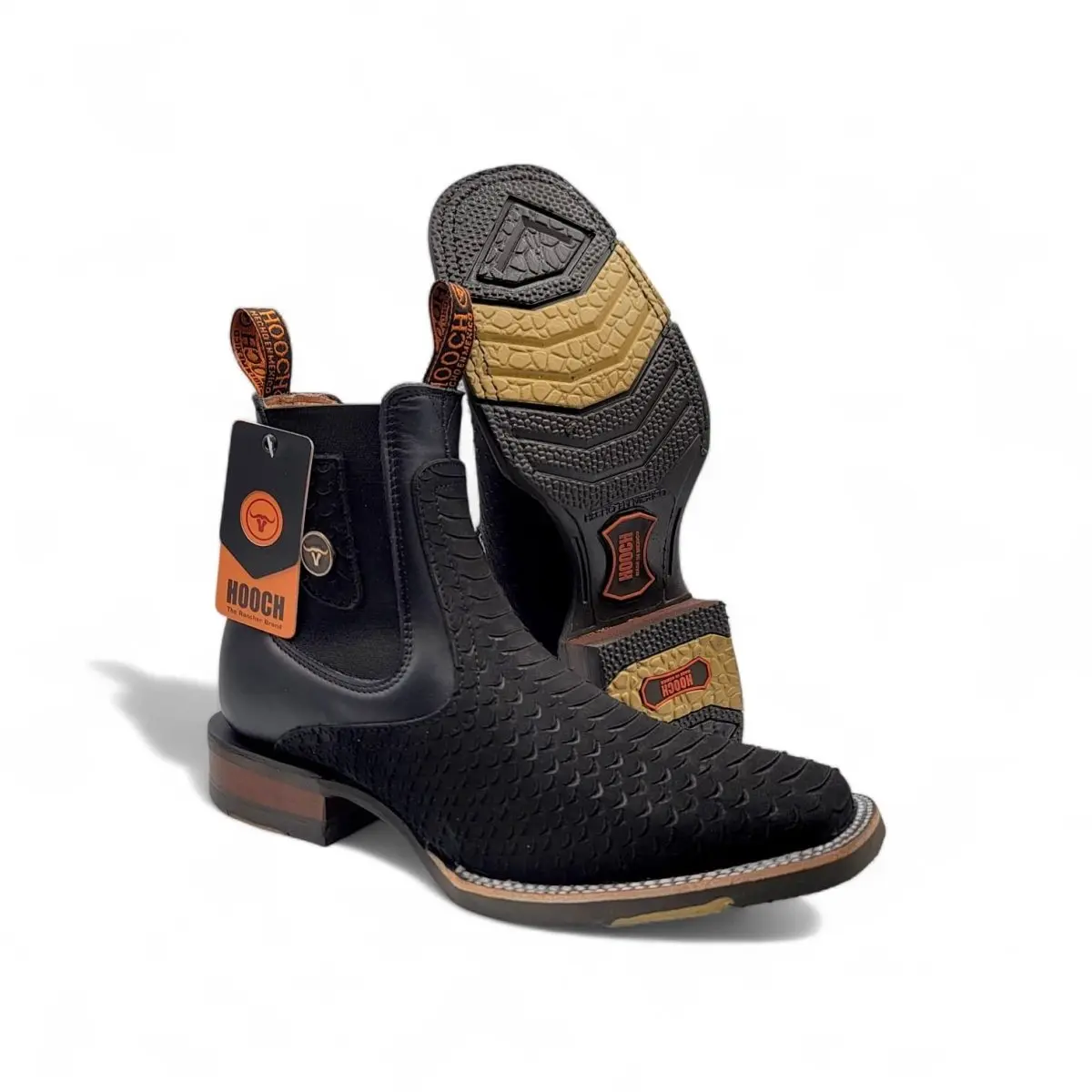 Men's Casual Western Cowboy Boots - Nobuck Black Python-Embossed Print, Square Toe, Rubber Sole, Soft, Cowboy Style, Casual Outdoor Use, Work-to-Event Wear, Hooch Boots H42H0563