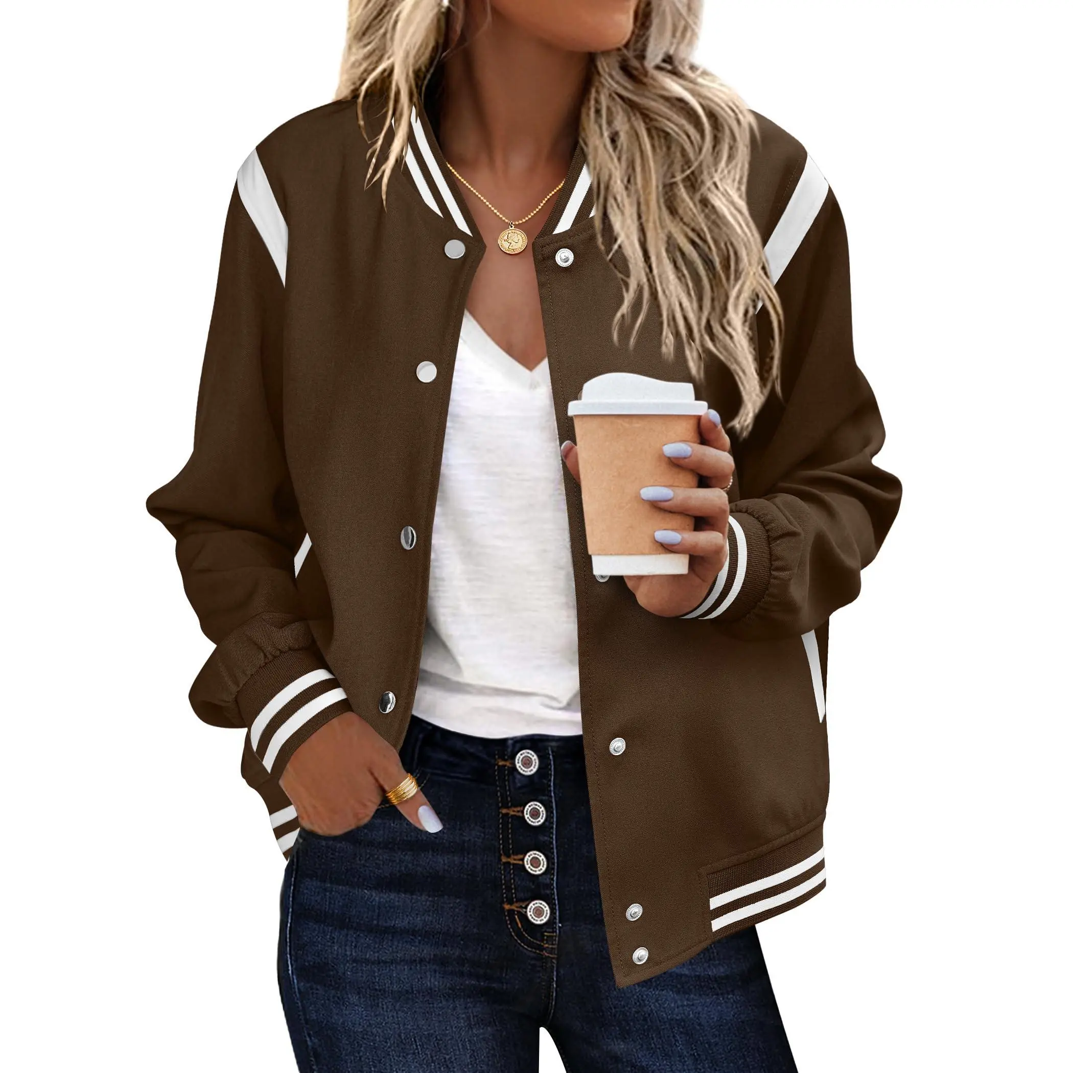 ZEAGOO Women's Premium Fabric Cute Collared Bomber Jacket, Long-Sleeve Casual Lightweight Outerwear Tops, Snap-Button Coat with Striped Collar and Pockets, All Year, Snap Buttons, All-Year Wear, Medium Length, Plain, Cute Biker, Work