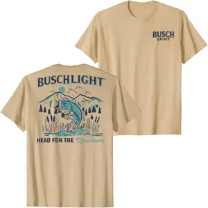 Busch Light Fishing Mountains Graphic T-Shirt, Bass Lake Nature Back Print Beer Tee for Men Women, Vintage Outdoor Unisex Streetwear Fishing Shirt, Summer Casual Top