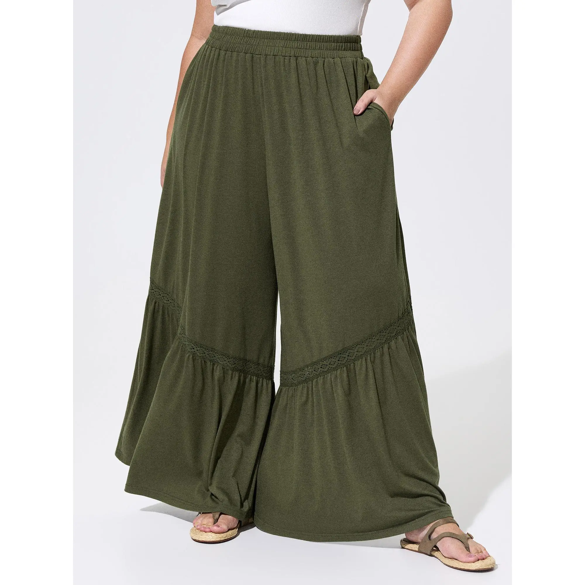 BloomChic Women's Plus Size Comfy Boho Patchwork Straight-Leg Pants - Mid-Rise, Pull-On, Loose-Fitting, Stretchy Breathable Polyester Blend, Regular Fit, Machine Wash for Summer Everyday Casual Wear