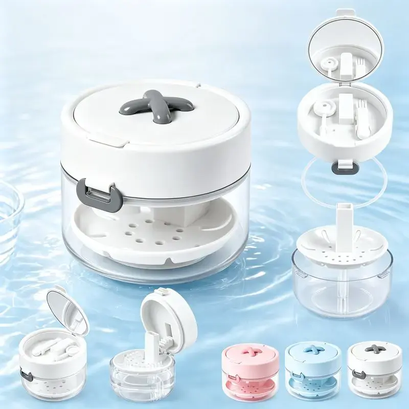 3-in-1 Retainer Case with Mirror, Cleaning Brush & Rinse Basket, Portable Invisalign Aligner Storage Box for Braces, Dental Care & Travel