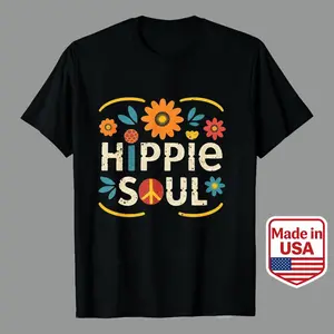 180 g 1pc bold stylel HIPPIE SOUL WOMEN'S T-SHIRT- COLORFUL FLORALS WITH PEACE LOGOPATTERN, CASUAL SHORT-SLEEVED CREWNECK, HIPPIE OUTFIT Men's Casual Graphic Tees | 100% Premium Cotton Printed Seamless