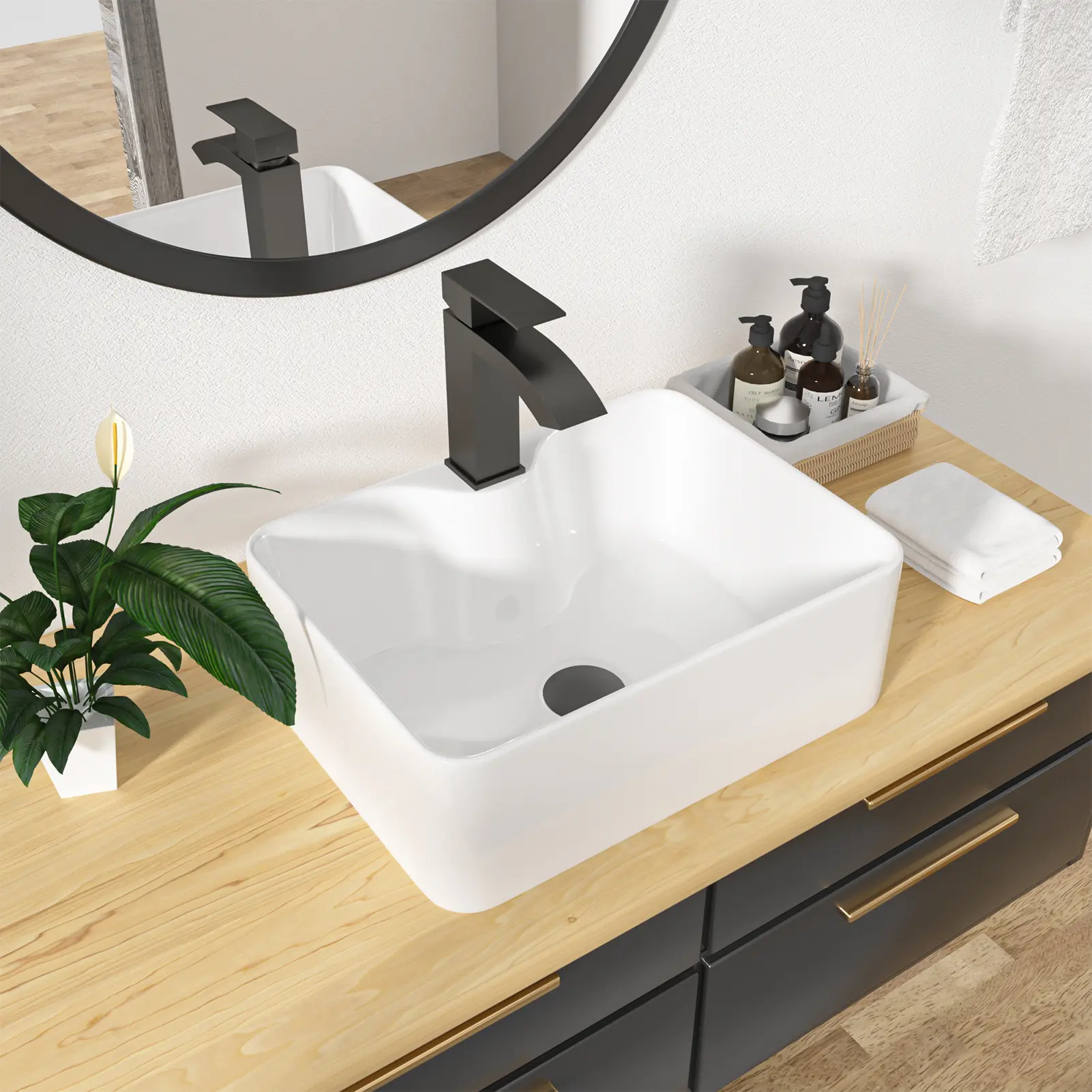 Kichae 16"×12" Rectangular Above-Counter White Ceramic Vessel Sink, Pre-Drilled Faucet Hole, Fast Drainage, Smooth Gloss Finish, Ideal for Powder Room & Guest Bath Modern Renovation