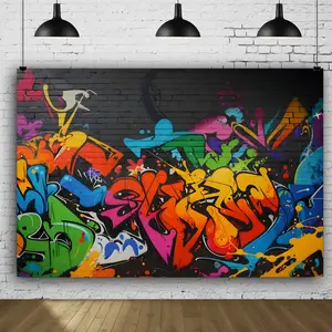 1pc Graffiti Art Backdrop Retro Brick Wall Photography Banner - Inch Vibrant Urban Street Art Design, Durable Polyester Fabric for Birthday, Graduation, Christmas, Halloween Party Decoration/Vinyl, Photo Backdrops