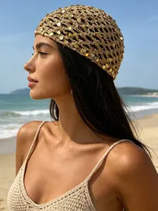 Fashionable Versatile Solid Color Hollow Sequin Knit Beanie Hat, Boho Style Stretch Fitted Beanie for All Seasons, Women's Headwear