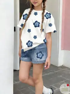Girls' Floral Denim Print Set, Summer Casual 2-Piece, Comfortable Elastic Waist Pants, Perfect for Outdoor Activities, Ages 4-12, Casual Outfit Set, Summer Clothing Set, Summer Clothes Set