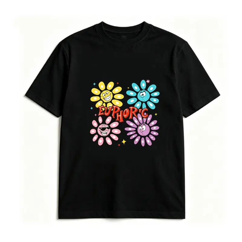Vibrant Euphoric Cartoon Daisy Flower Graphic T-Shirt, Colorful Smiley Face Floral Print Tee, Y2K Hip Hop Unisex Casual Streetwear Short Sleeve Top