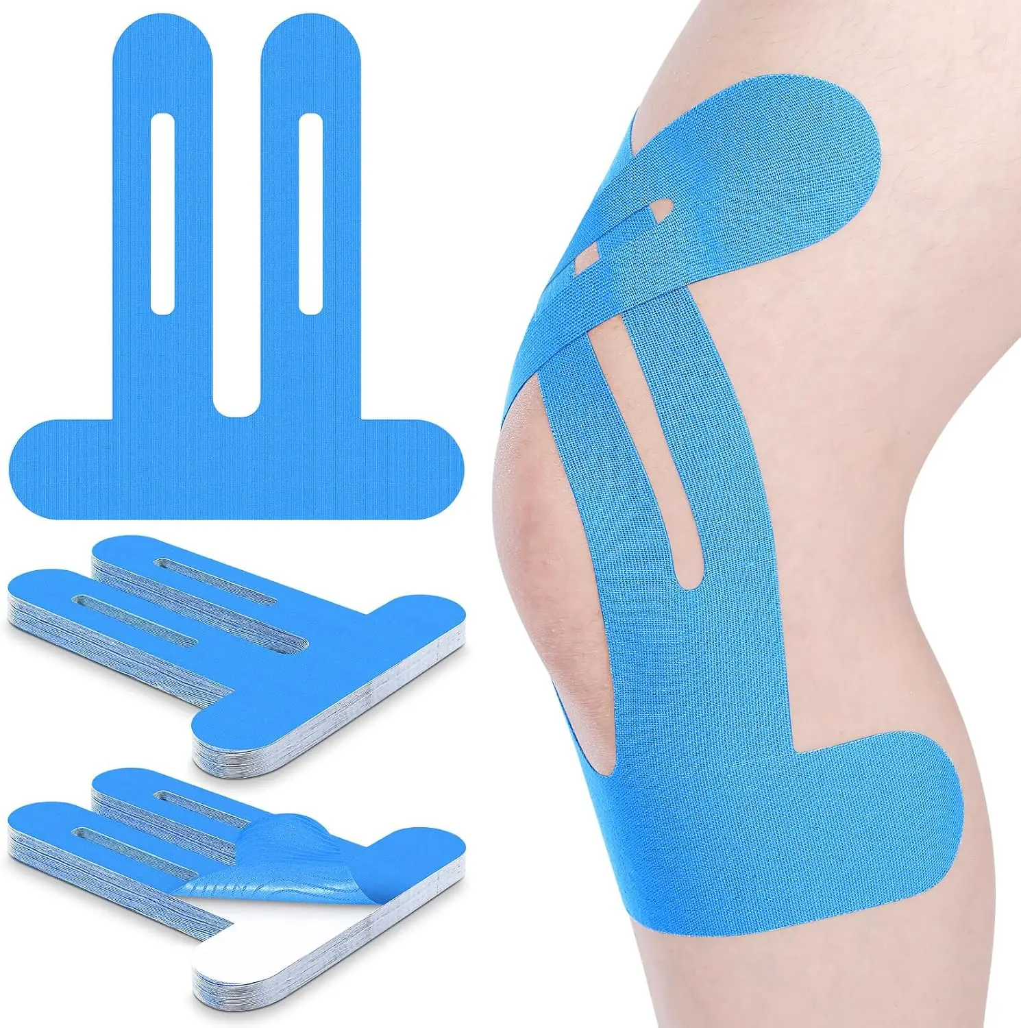 （Protect your legs）10Pcs Precut Kinesiology Tape for Knees Pain Relief Elastic Waterproof Athletic Knee Tape for Support Stability Sports(Blue)