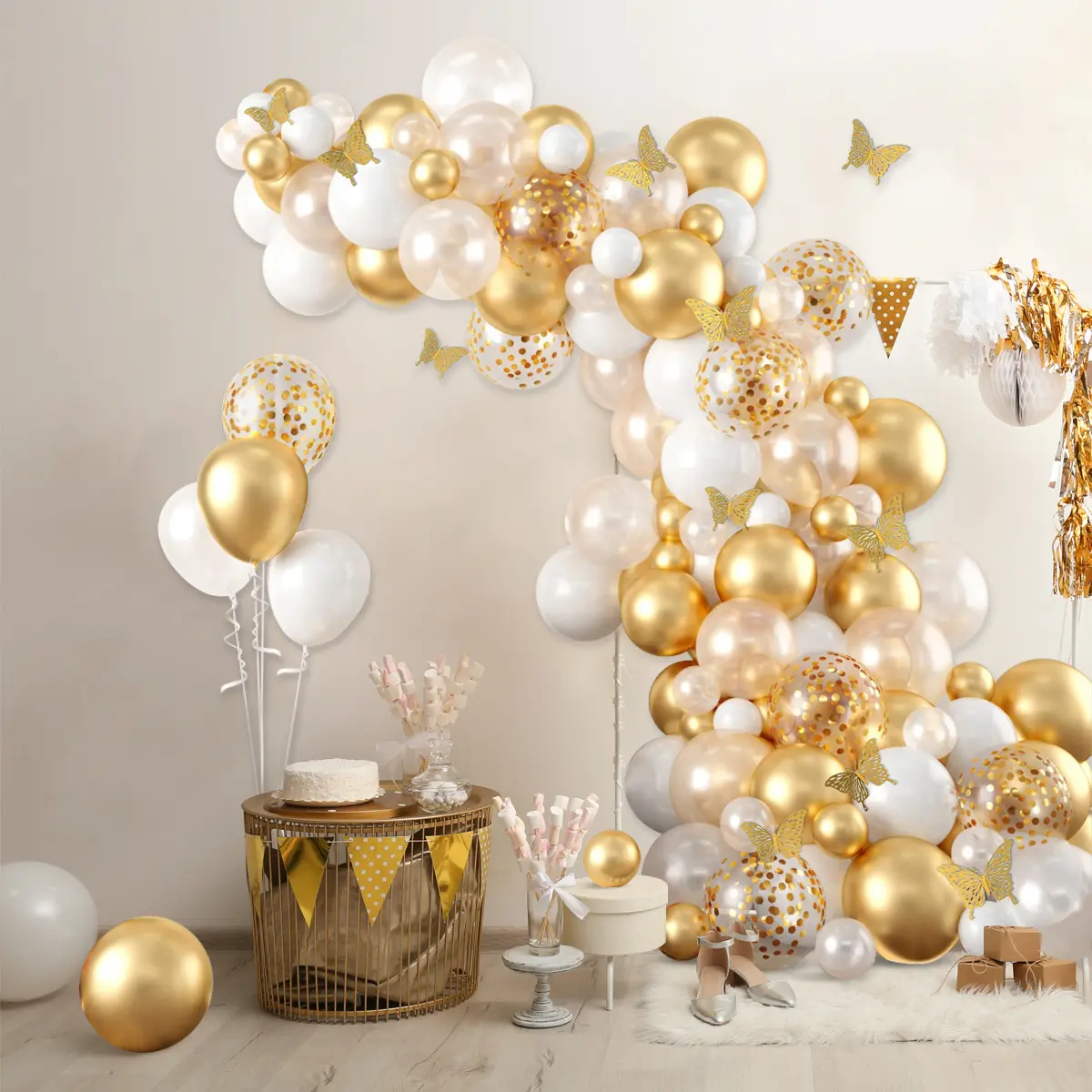 111pcs White Gold Butterfly Balloon Garland Arch Kit,Birthday Party Decor Latex Balloons,Wedding Party Supplies,Bridal Shower Engagement Anniversary Decor Balloon Chain