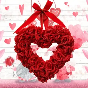 1pc Valentine's Day red/blue rose heart-shaped wreath, Flower design, Valentine's Day festival party decoration, suitable for home, festival, wedding, party
