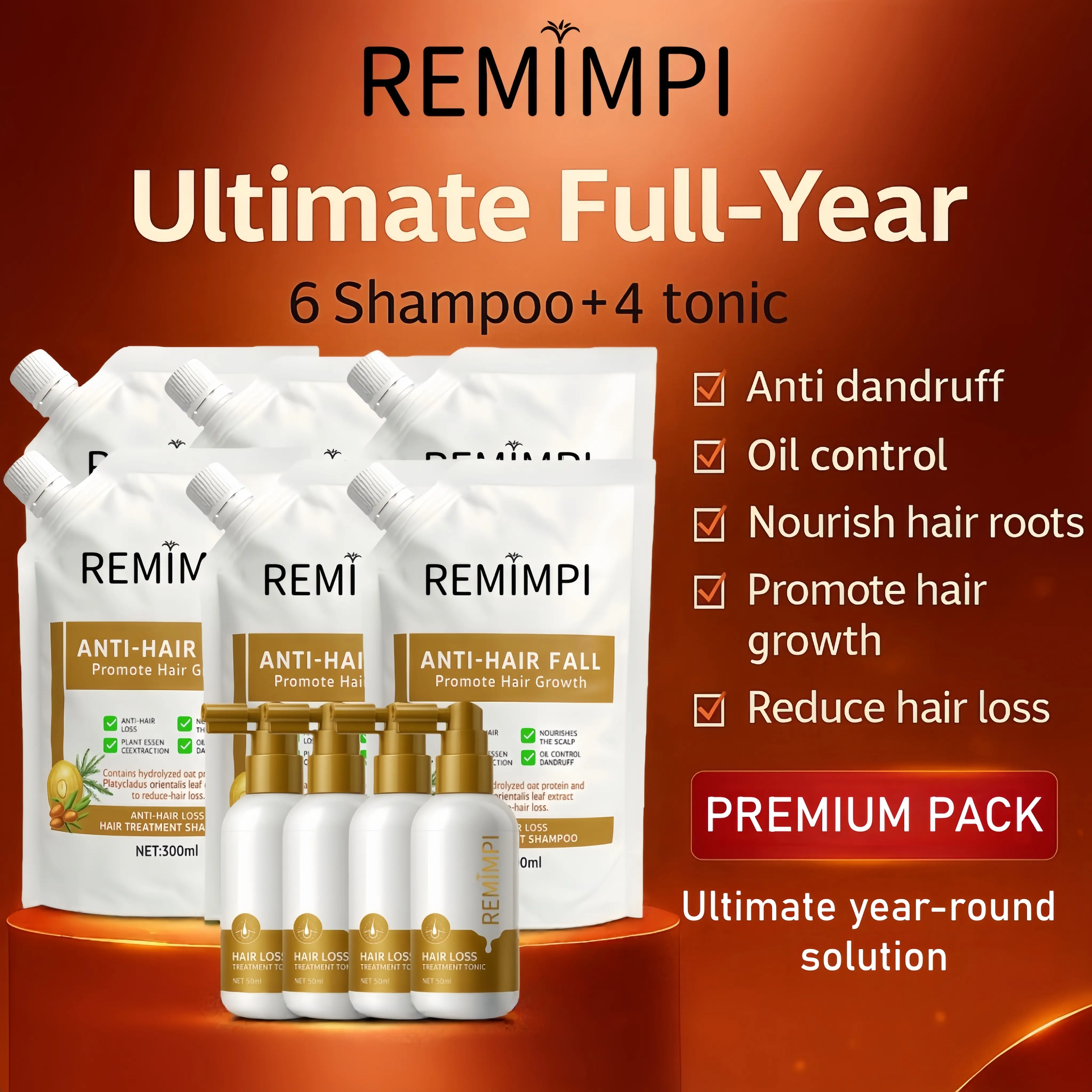 REMIMPI Ultimate Care System – 6 Anti-Hair Fall Shampoos + 4 Hair Growth Tonics | 12-Month Complete Hair Regeneration Program | Herbal Anti-Dandruff, Root Strengthening & Hair Growth Kit (300ml + 50ml)