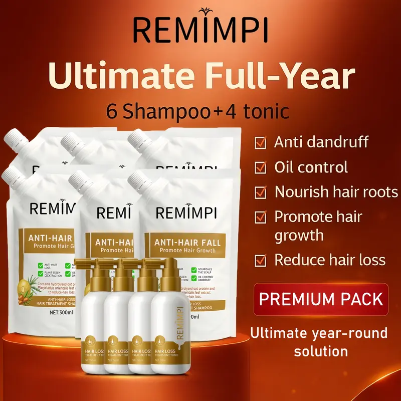 REMIMPI Ultimate Care System – 6 Anti-Hair Fall Shampoos + 4 Hair Growth Tonics | 12-Month Complete Hair Regeneration Program | Herbal Anti-Dandruff, Root Strengthening & Hair Growth Kit (300ml + 50ml),back to school