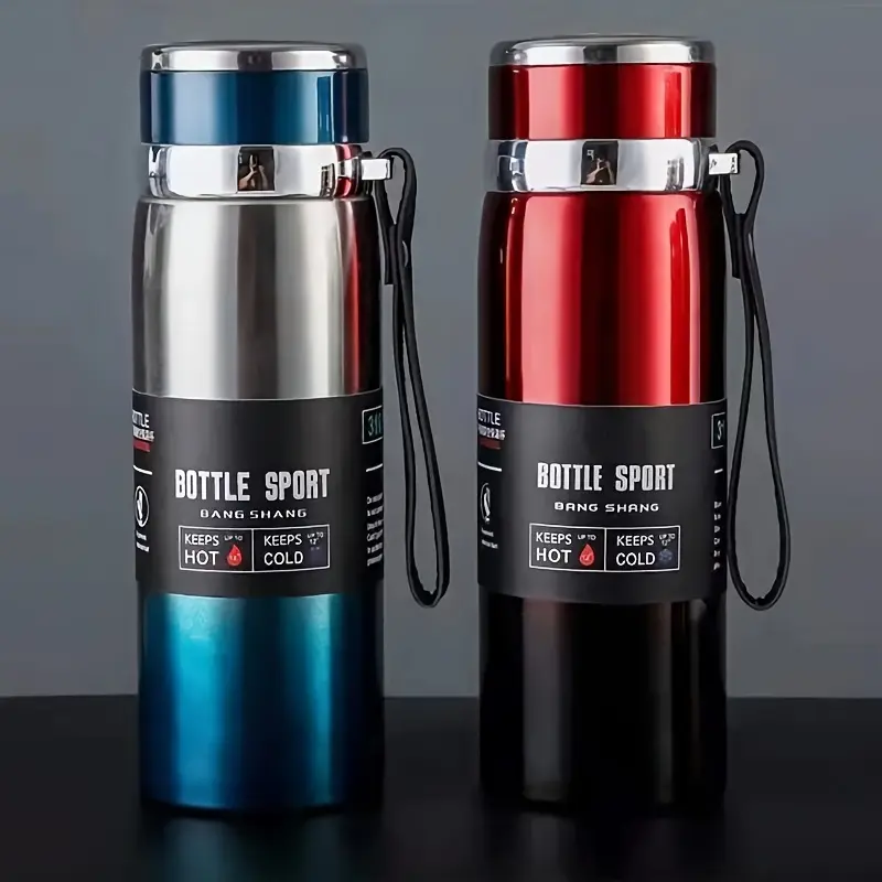 1 Liter (33.81 Ounces) Large Capacity Thermos - Heavy-Duty Vacuum Insulated Water Bottle, Leak-Proof with Handle, Long-Lasting Cold/Hot Retention, Compatible with Bottle Openers - Suitable for Camping, Travel, Office, Gym - Available in Red/Brown/Bl