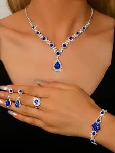 A gorgeous sparkling bridal wedding jewelry set, a luxurious sparkling rhinestone earring ring bracelet necklace combination set, Bridal Accessory, the perfect choice for giving gifts to women