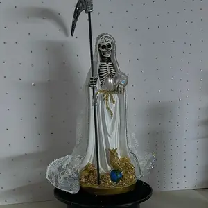 14-in White Holy Death Lace-Trimmed Decorative Statue, Home Decor, Room Decor Sculpture