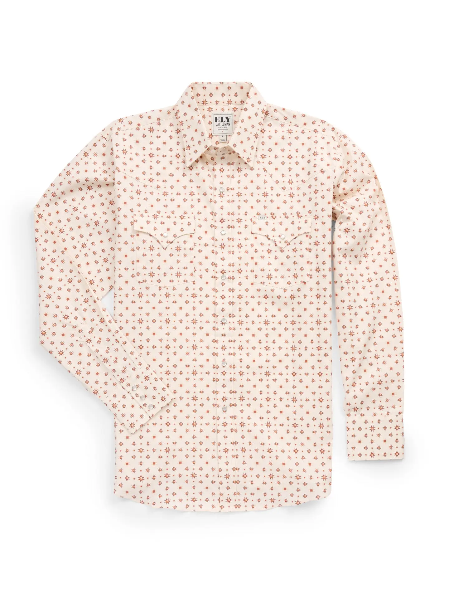 Men's Ely Cattleman Long Sleeve Retro Star Print Western Snap Shirt - Ecru, Pocket, Casual Longsleeves Collared, Retro Style, Western Yoke Look Menswear