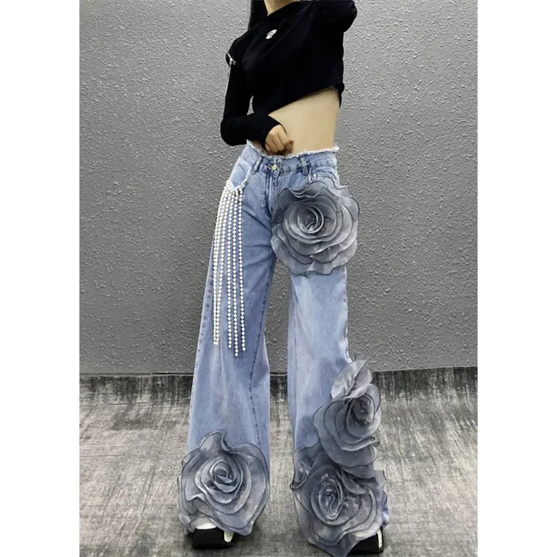 Women's Mid-Waist Wide-Leg Cute Floral Denim Jeans - Soft Light Casual Chic Pants with 3D Flowers, Pearls Pendants for Halloween, Thanksgiving Occasions, Cute Jeans, Floral Jeans, Casual Wear, Baggy Wide Leg Jeans