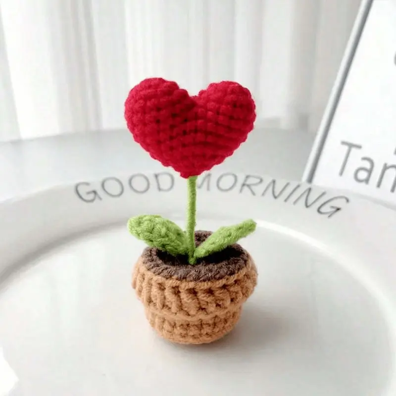 Handmade Crochet Red Rose in Heart Pot, Crochet Decor for Home, Table, Desk, Perfect Gift for Anniversary, Birthday, Valentine's Day Decorations