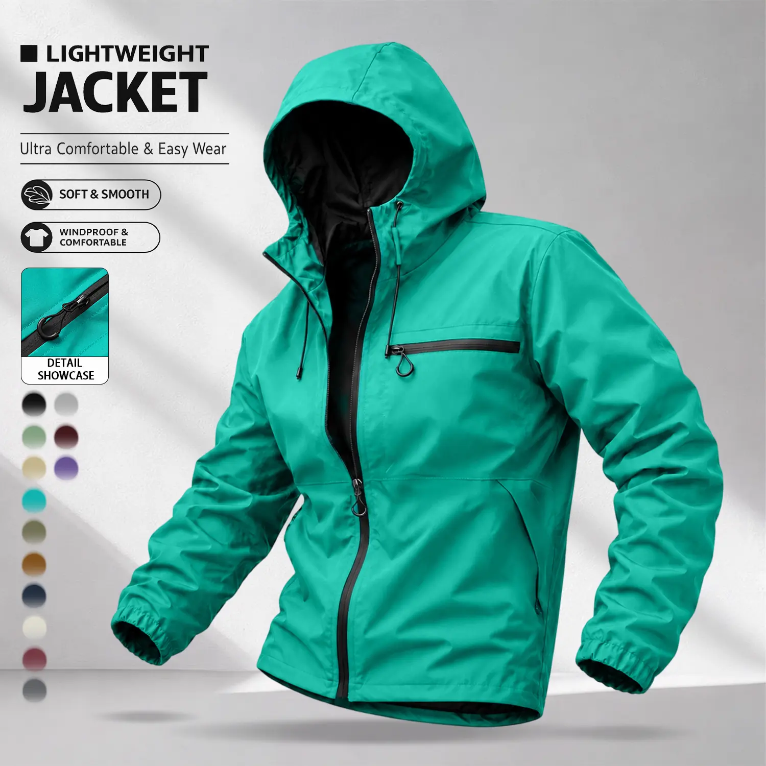 Men’s American-Style Outdoor Functional Lake Green Hooded Jacket | Lightweight Windproof Waterproof Casual Jacket, Stylish Men’s Jacket