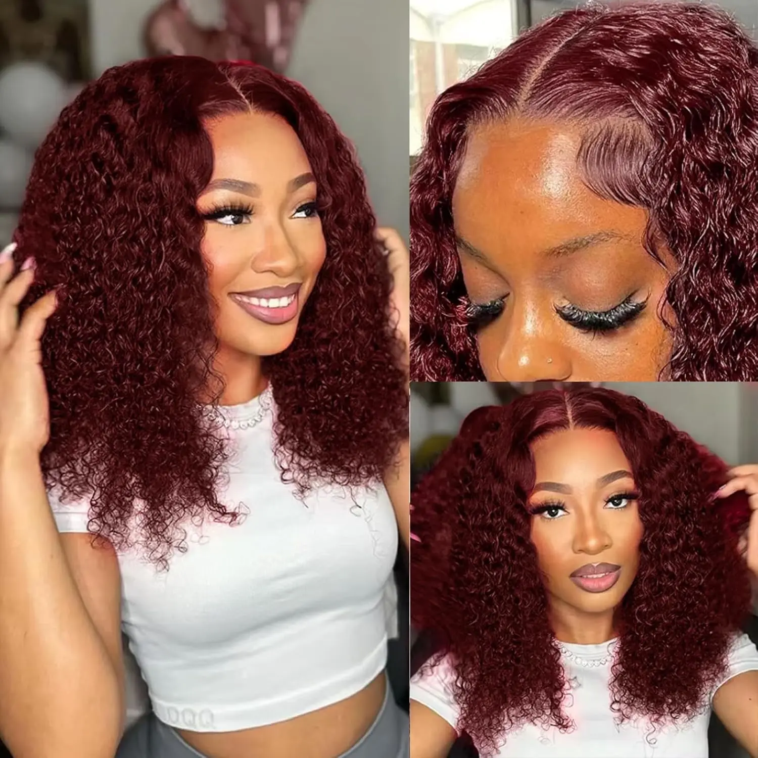 Wear and Go Glueless Wigs Human Hair Pre Plucked Pre Cut 99j Burgundy Lace Front Wigs for Black Women 180 Density Water Wave Bob Wig Colored Human Hair Curly Wig (99j Burgundy Color, 14 Inch) summerwins Lace Closure Wigs Frontal Wig