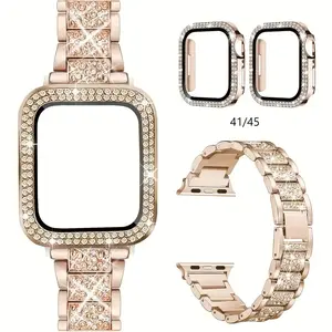 NEW Diamond Case+Strap For Apple Watch Band 45Mm 40Mm 44Mm 41Mm 38Mm 42Mm Metal Belt IWatch Series 9 8 7 SE 6 5 Women Bracelet