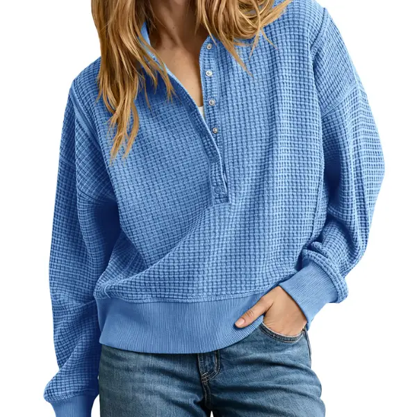 Fisoew Women's Waffle Knit Sweatshirt Oversized Henley Pullover Long Sleeve Ribbed Casual Button Top with a Comfortable Relaxed Fit, Chic, Knitwear, Lady, Long Sleeve Tops Women,clothes for back to school,first day of school outfits