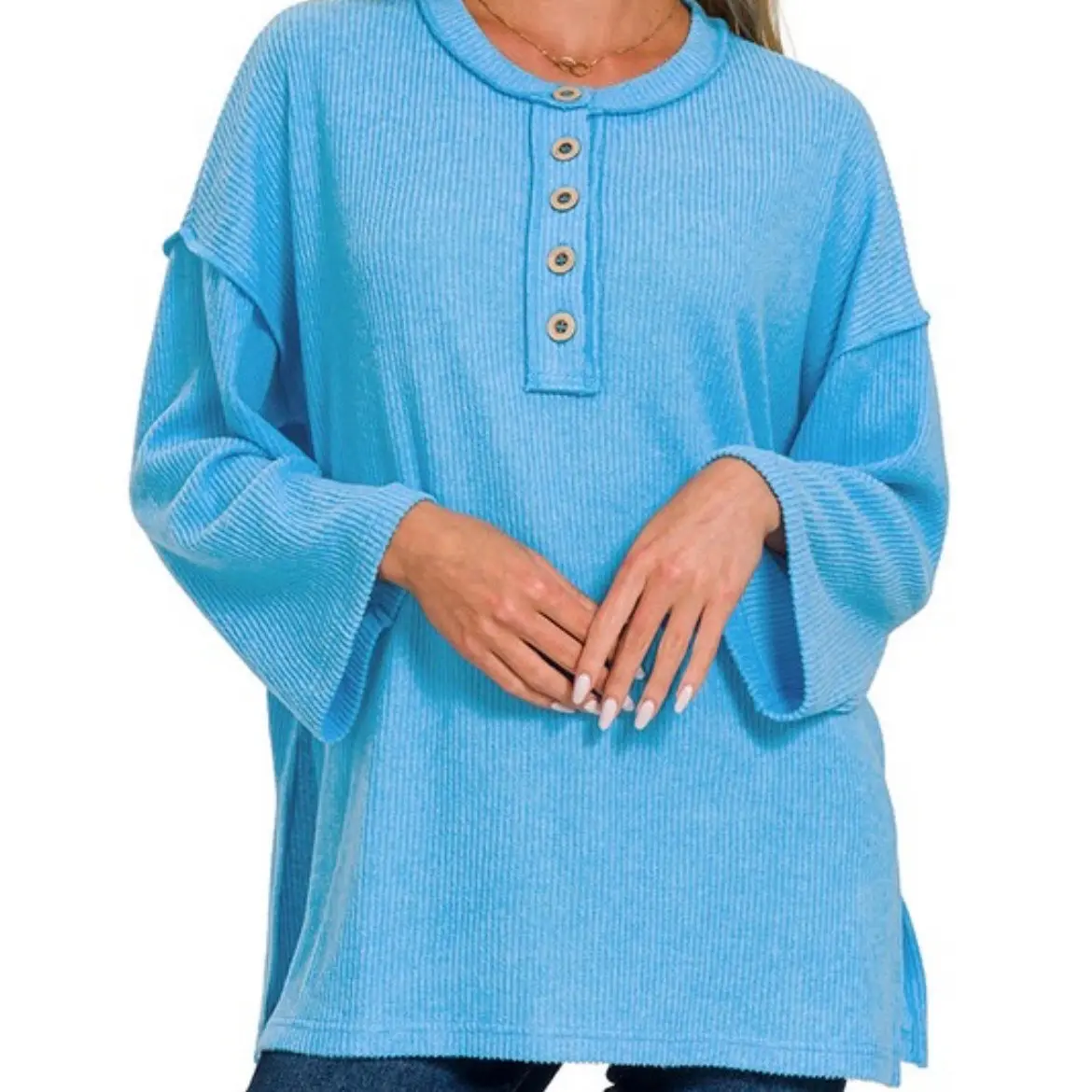 Zenana Ribbed Brushed Melange Henley Sweater- Comfortable
