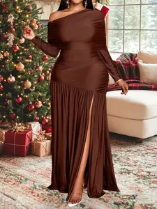 Elegant Chic Party Maxi Dress Christmas Dress For Women Off Shoulder  Long Sleeve Folds Slim Bodycon High Waist Split Hem Folds Floor-Length Dresses Fashion Evening Dinner Party Robe Autumn