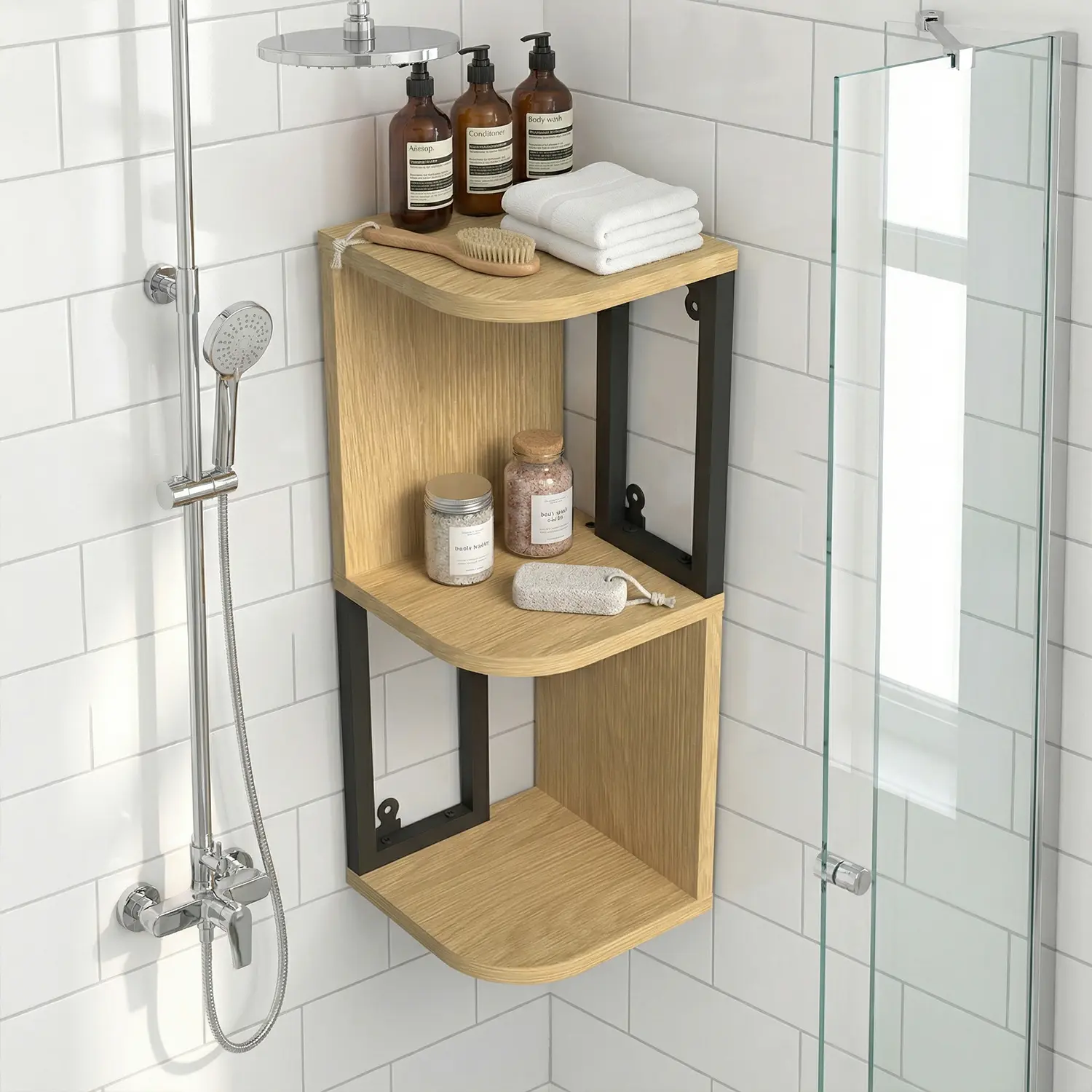 Wall-Mounted Rustic Charm Corner Floating Shelves - 2-Tier 16in Farmhouse Decor with Metal Stabilizers, Invisible Steel Brackets, Non-Adhesive Space Saver Vertical Storage Rack for Bathroom Home Supplies, Room Accessories