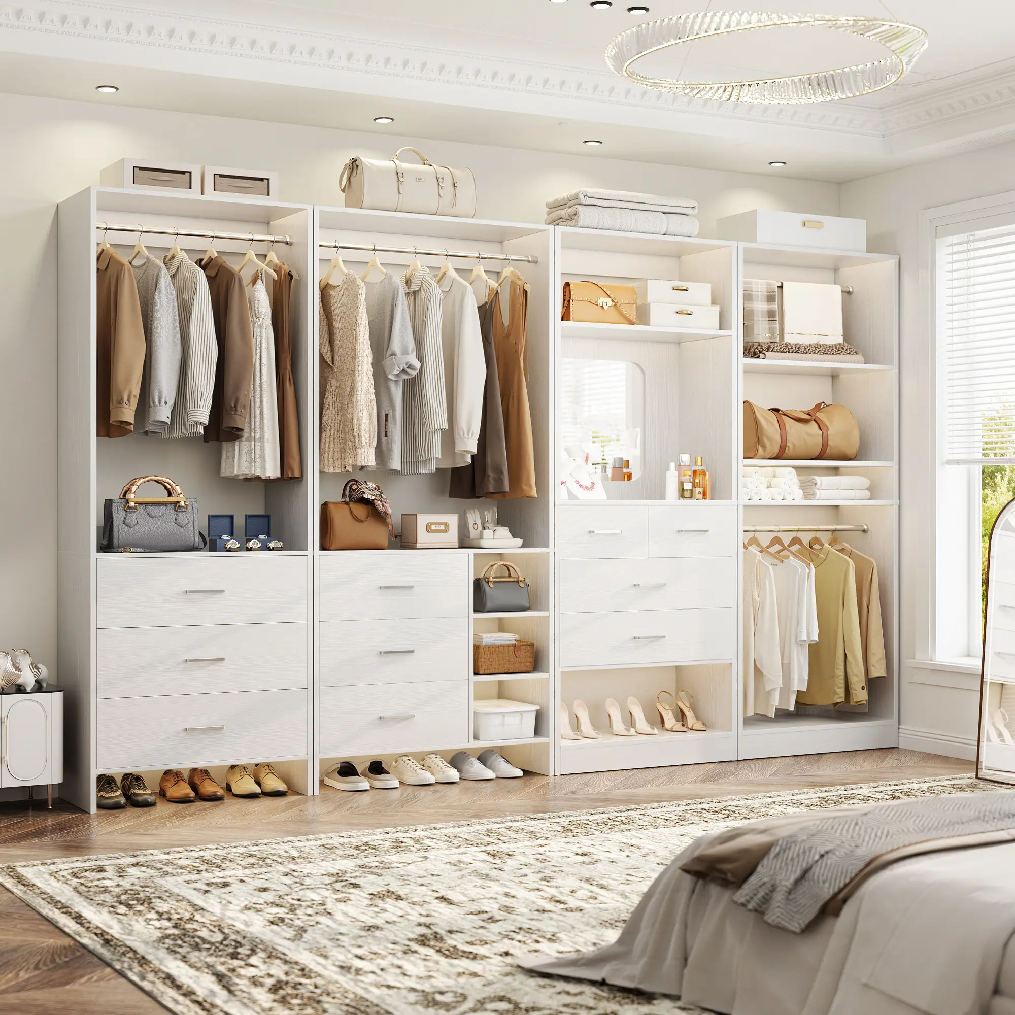 104''W Set of 4 Closet System with 10 Wooden Drawers and Hanging Rods, Freestanding Closet Organizer Set with Mirror and Multiple Adjustable Shelves Wardrobe Storage Unit Wood Armoire,dorm essentials,home decor