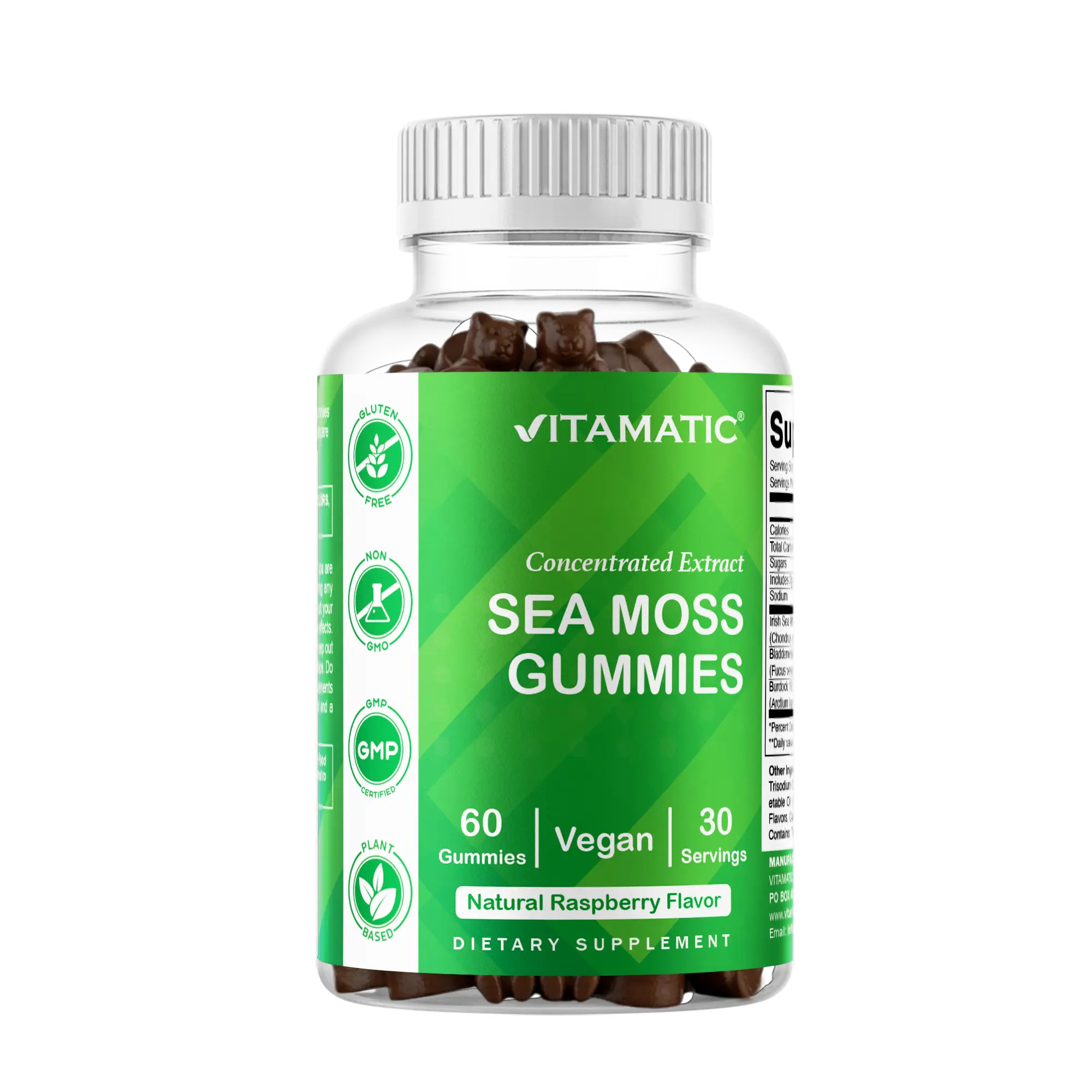 Vitamatic Irish Sea Moss Gummies with Bladderwrack & Burdock Root - Edible Daily Vegan Dietary Supplement, Gluten-Free, Energy-Boosting Botanical Extract, Non-GMO, 60 Count, Edible Dietary Supplement
