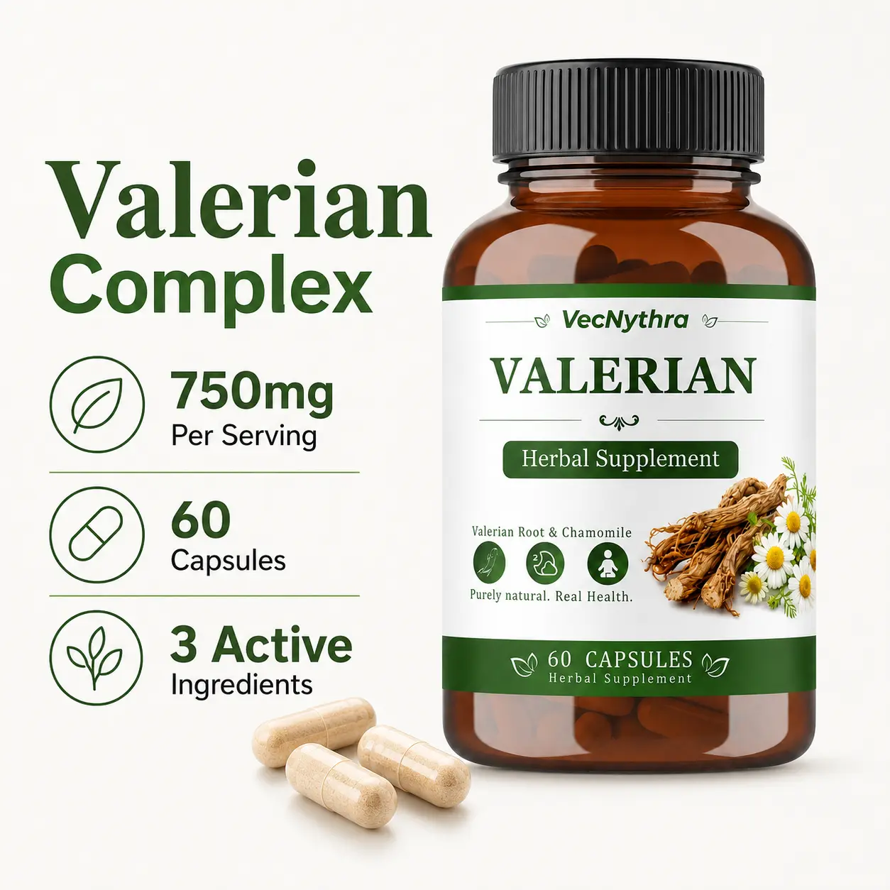 VecNythra  Valerian Root Capsules 450 mg | 60 Count | Extract Supplement | Herbal Supplement