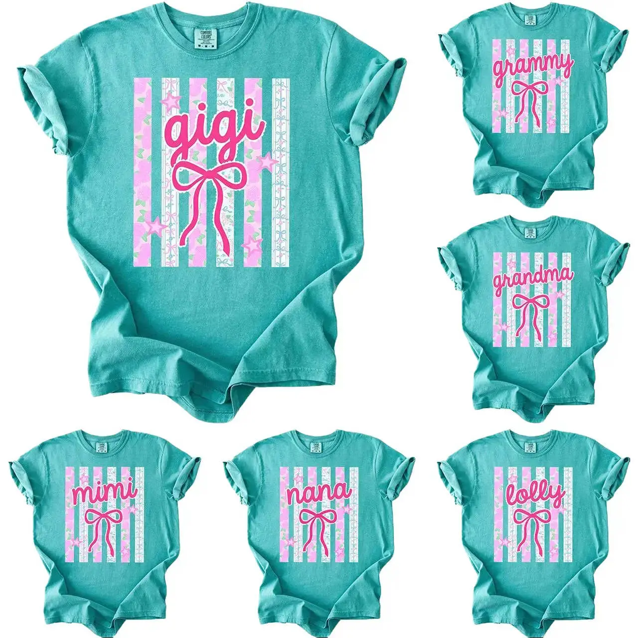 Comfort Colors Custom Coquette Striped Gigi Shirt, Floral Grandma Nana Mimi Mama Tee, Personalized Family Name T-Shirt, Dainty Aesthetic Grandparent Gift for Women - AL