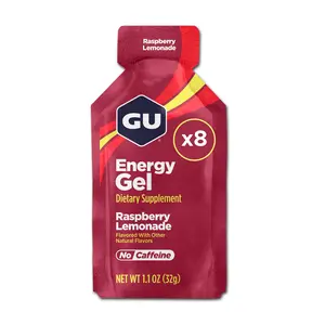 GU Energy Original Sports Nutrition Energy Gel, 8-Count, Vegan, Gluten-Free, Kosher, and Dairy-Free On-The-Go Energy for Any Workout, Raspberry Lemonade