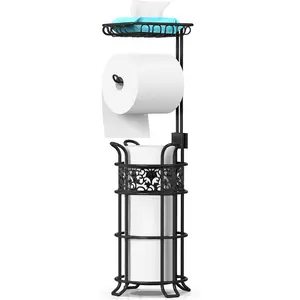 Paper Holder Stand with Shelf, Free Standing Paper Roll Dispenser Holds 3 Big Rolls of Mega Paper, for RV, Floral Pattern, Black