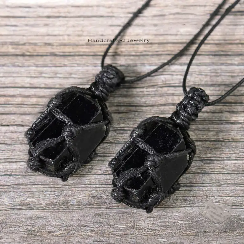 Natural Raw Black Tourmaline Gemstone Warped Pendant Quartz Healing Positive Energy Crystal Men Women Necklace-1PC