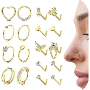 CASSIECA  Hypoallergenic Stainless Steel Nose Rings Hoop L Shape Nose Studs Cute Heart Square CZ Nose Bone Screw Nostril Piercing Jewelry for Women Men Silver 14K Gold-plated Filled